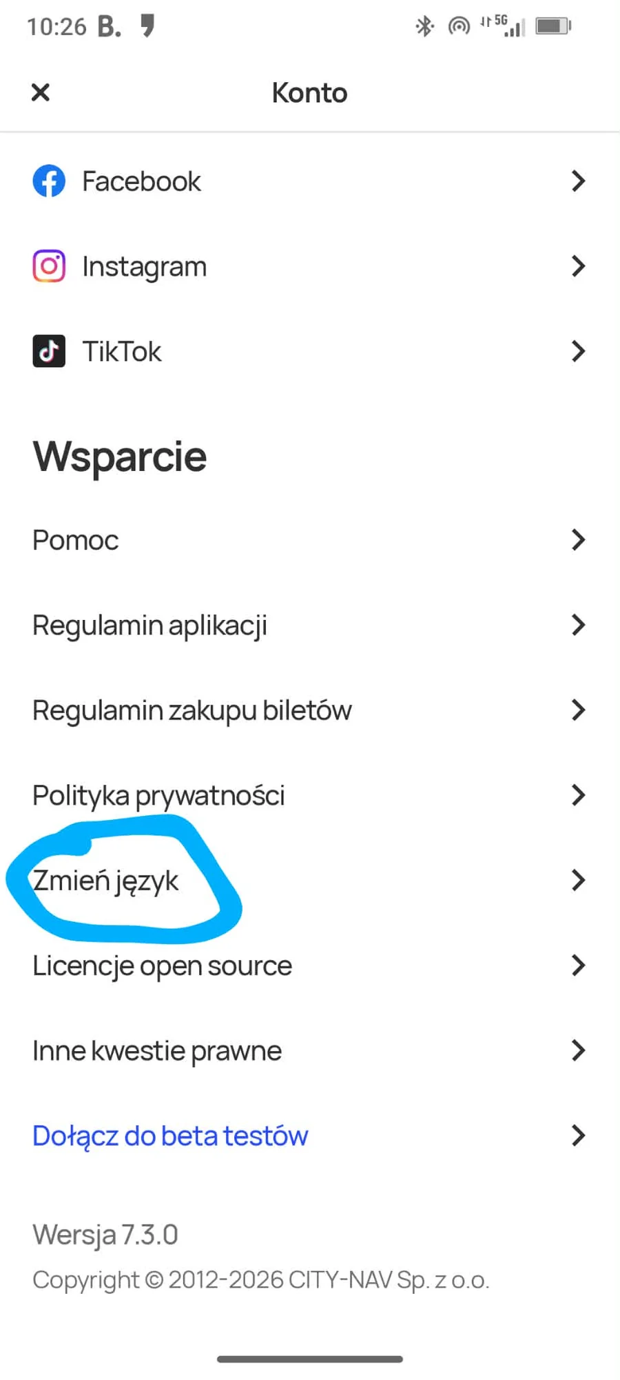 Jakdojade account screen in Polish showing the Zmień język change language option