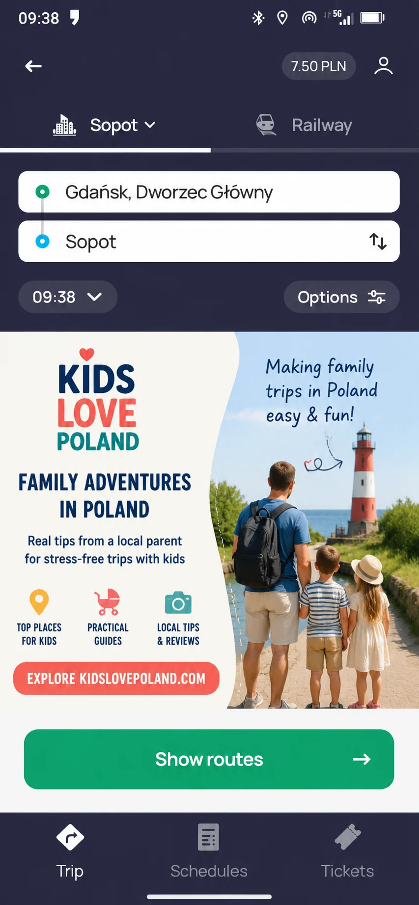 Jakdojade route search from Gdańsk Dworzec Główny to Sopot with Show routes button