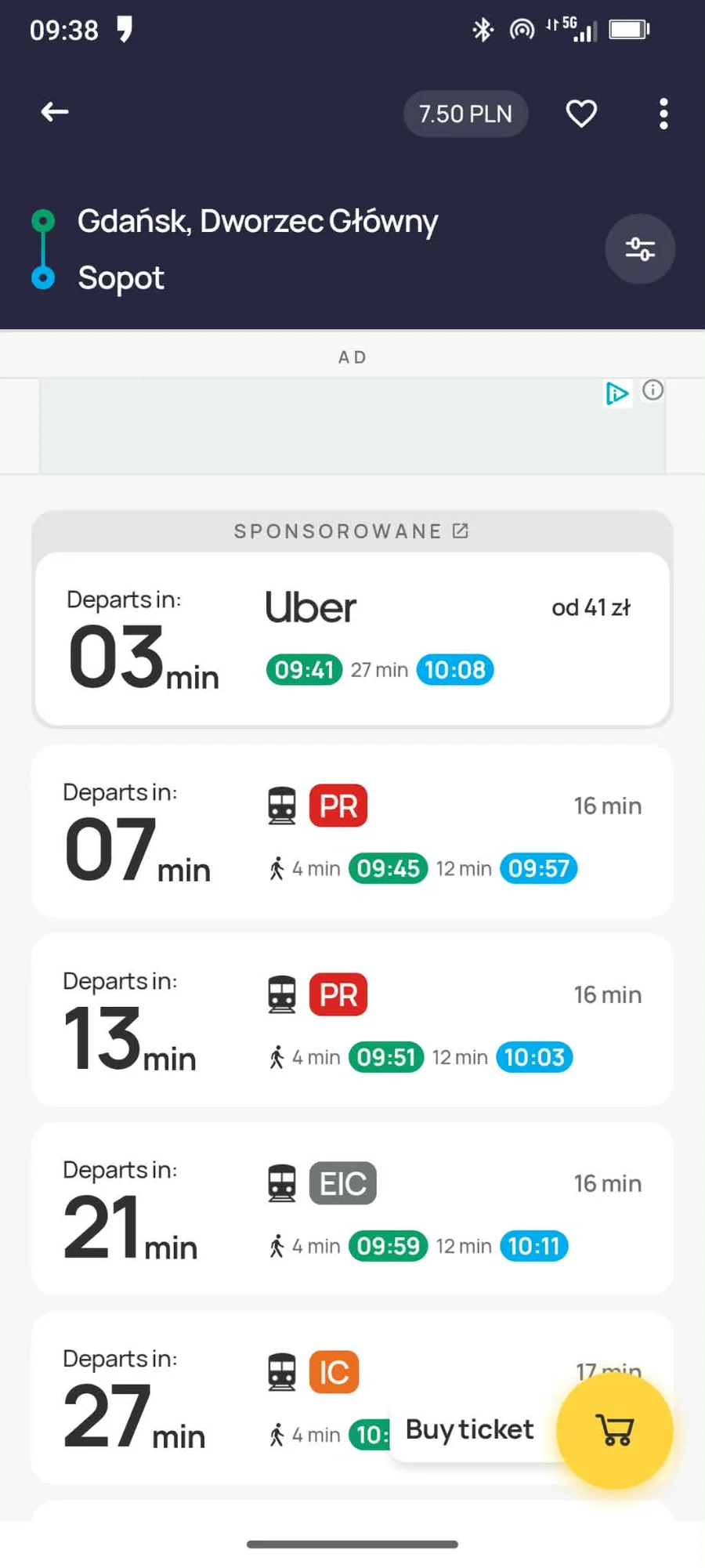Jakdojade results from Gdańsk to Sopot showing POLREGIO PR and other train connections
