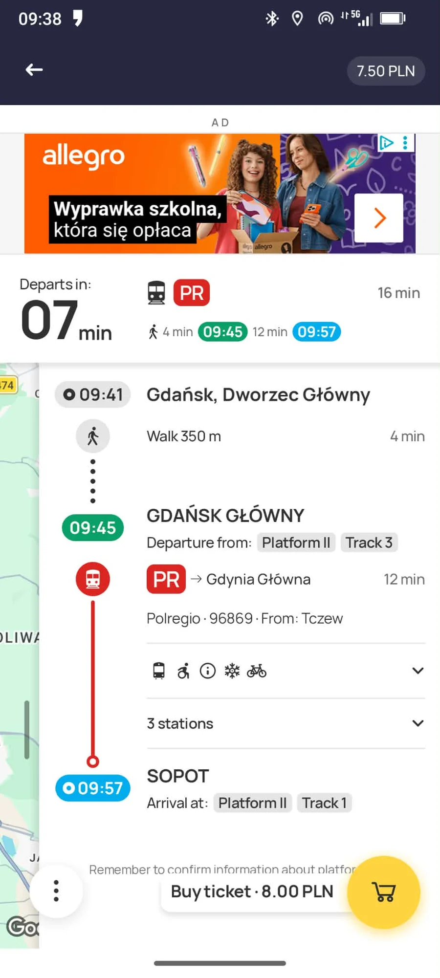 Jakdojade connection detail for POLREGIO train from Gdańsk Główny to Sopot with Buy ticket button