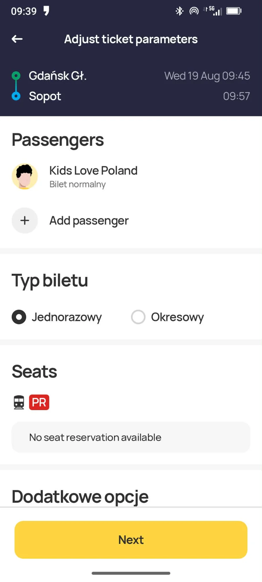 Jakdojade Adjust ticket parameters screen showing passengers and ticket type options