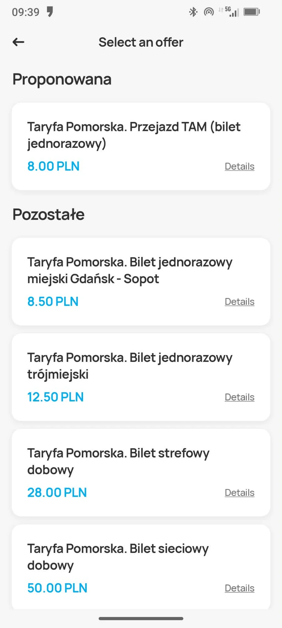 Jakdojade Select an offer screen with Taryfa Pomorska suggested ticket and other ticket choices