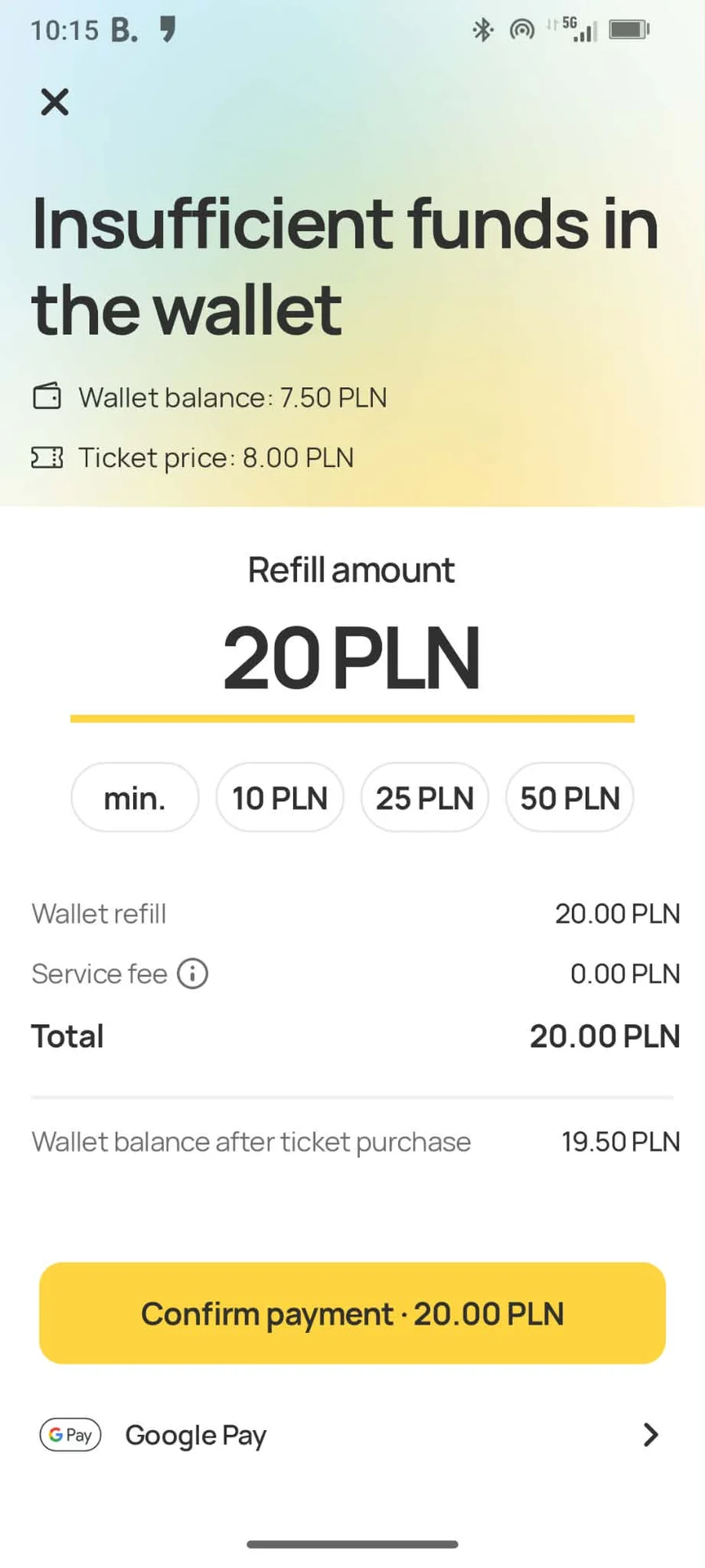 Jakdojade wallet refill screen showing insufficient funds and Google Pay option
